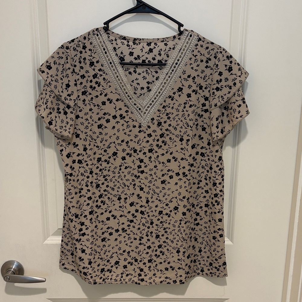 Beige Floral V-Neck Blouse